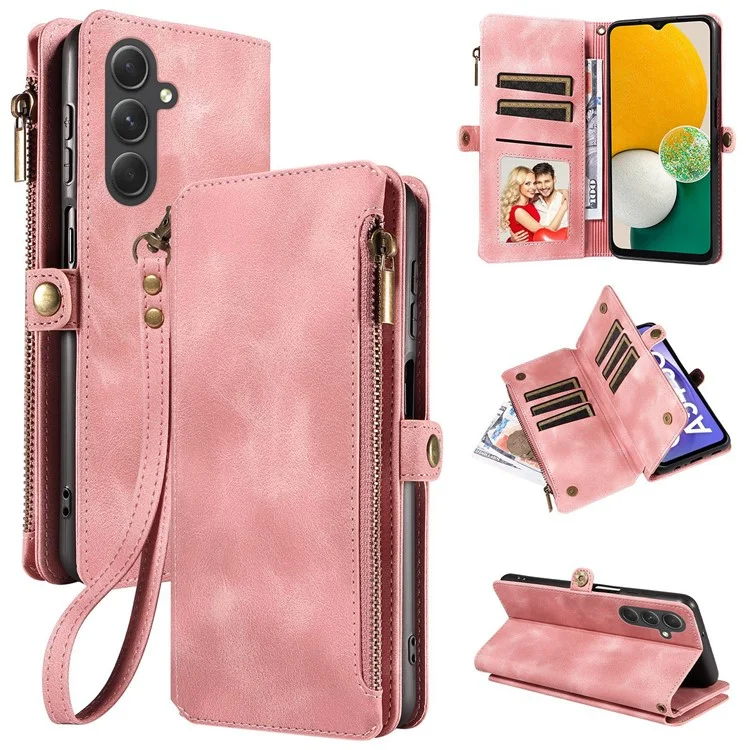 Per Samsung Galaxy A13 5G / A04s 4G (164,7 x 76,7 x 9,1 mm) Zipper Pocket Wallet Stand Leather Phone Case con Strap - Rosa