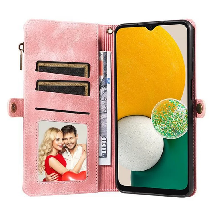 Per Samsung Galaxy A13 5G / A04s 4G (164,7 x 76,7 x 9,1 mm) Zipper Pocket Wallet Stand Leather Phone Case con Strap - Rosa