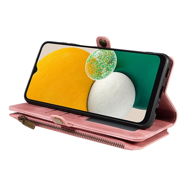 Per Samsung Galaxy A13 5G / A04s 4G (164,7 x 76,7 x 9,1 mm) Zipper Pocket Wallet Stand Leather Phone Case con Strap - Rosa