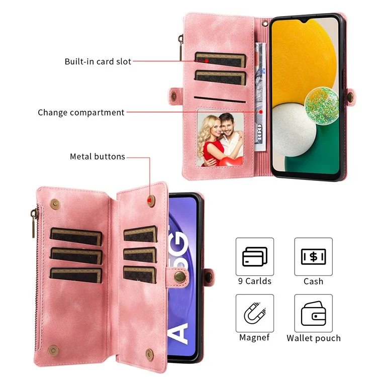 Per Samsung Galaxy A13 5G / A04s 4G (164,7 x 76,7 x 9,1 mm) Zipper Pocket Wallet Stand Leather Phone Case con Strap - Rosa