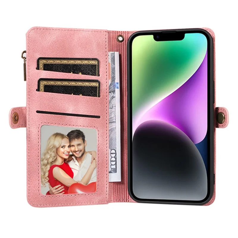 Für iPhone 15 RFID-blockierende Standfeder-Lederhülle Stoßfeste Telefonabdeckung mit Reißverschlusstasche und Gurt - Pink