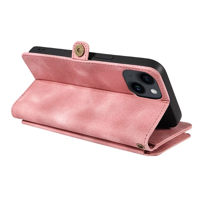 Für iPhone 15 RFID-blockierende Standfeder-Lederhülle Stoßfeste Telefonabdeckung mit Reißverschlusstasche und Gurt - Pink