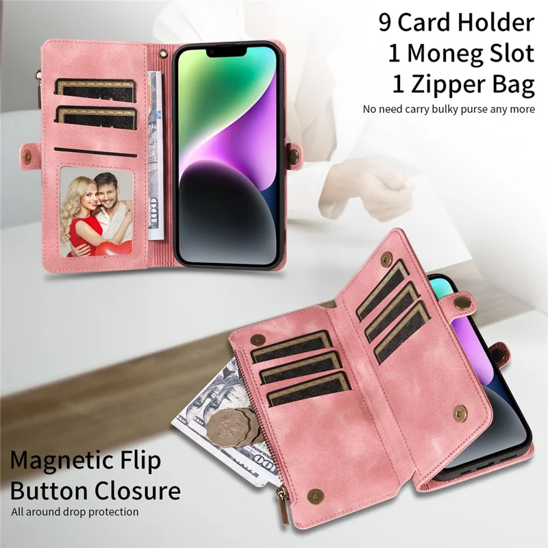 Für iPhone 15 RFID-blockierende Standfeder-Lederhülle Stoßfeste Telefonabdeckung mit Reißverschlusstasche und Gurt - Pink