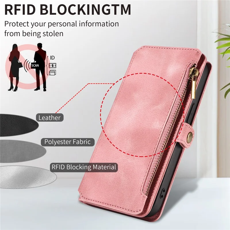 Für iPhone 15 RFID-blockierende Standfeder-Lederhülle Stoßfeste Telefonabdeckung mit Reißverschlusstasche und Gurt - Pink