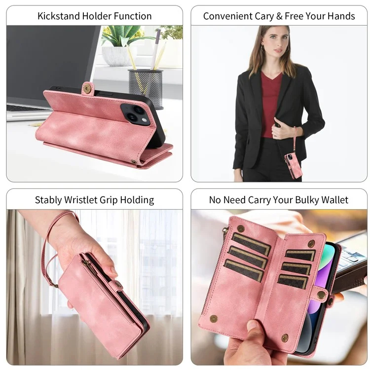 For iPhone 15 Plus Anti-Scratch Phone Cover Zipper Pocket Wallet RFID Blocking Stand Leather Case with Strap - Pink