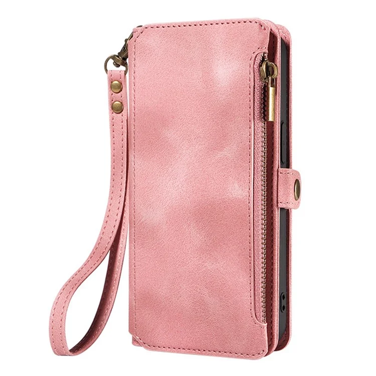 For iPhone 15 Plus Anti-Scratch Phone Cover Zipper Pocket Wallet RFID Blocking Stand Leather Case with Strap - Pink