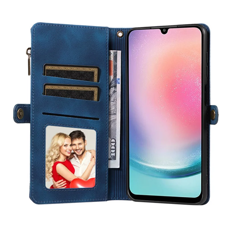 For Samsung Galaxy A24 4G (162.1 x 77.6 x 8.3mm) Zipper Pocket Foldable Stand Wallet Leather Case Phone Cover with Strap - Blue