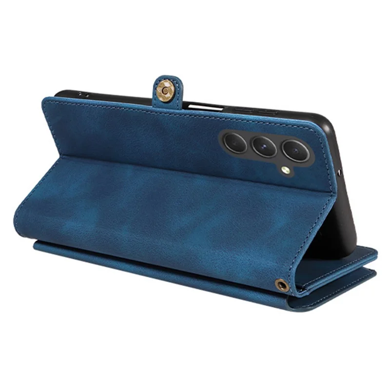 For Samsung Galaxy A24 4G (162.1 x 77.6 x 8.3mm) Zipper Pocket Foldable Stand Wallet Leather Case Phone Cover with Strap - Blue