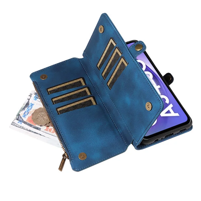 For Samsung Galaxy A24 4G (162.1 x 77.6 x 8.3mm) Zipper Pocket Foldable Stand Wallet Leather Case Phone Cover with Strap - Blue