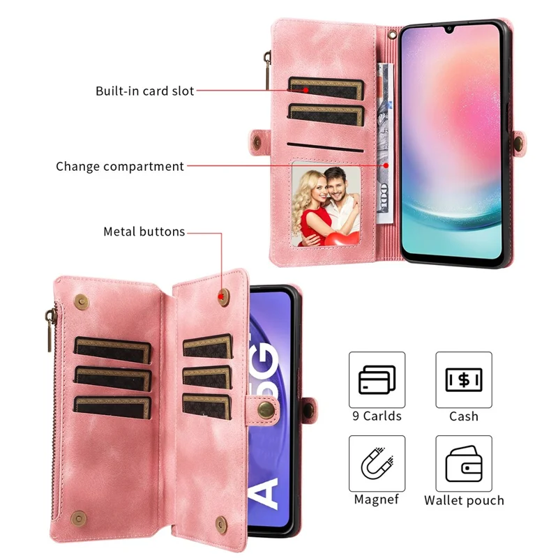 For Samsung Galaxy A24 4G (162.1 x 77.6 x 8.3mm) Zipper Pocket Foldable Stand Wallet Leather Case Phone Cover with Strap - Blue