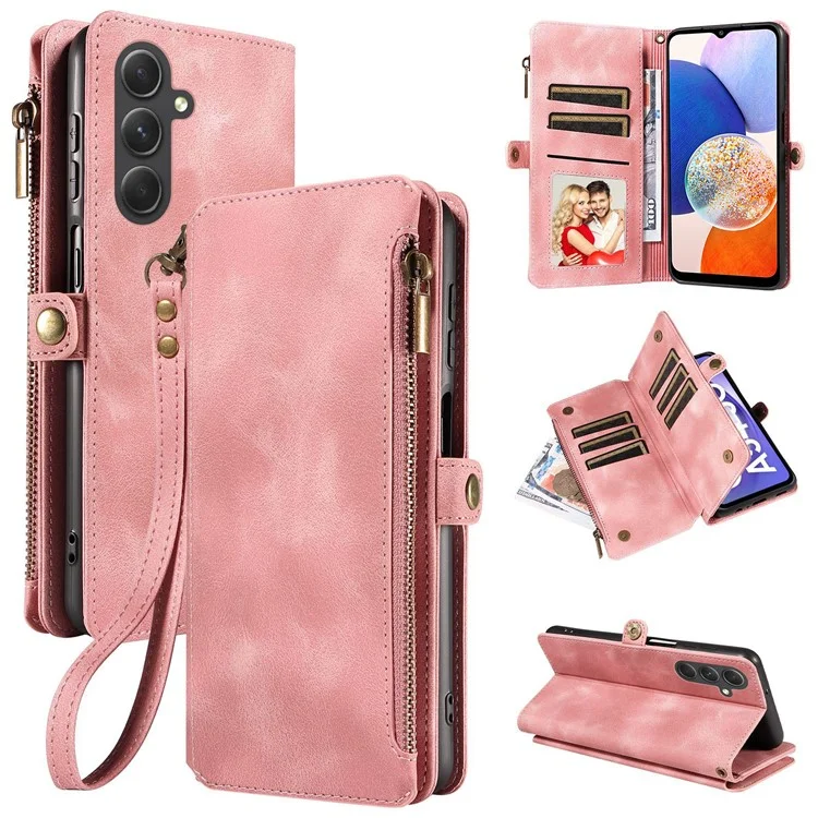 Per Samsung Galaxy A14 4G / 5G Zipper Pocket Viewing Stand Wallet Leather Case Phone Cover with Strap - Pink