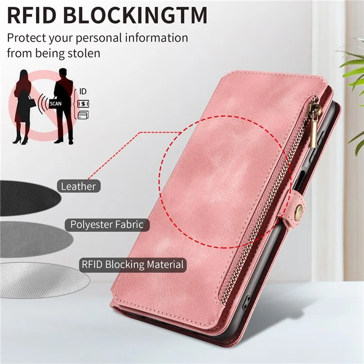 Per Samsung Galaxy A14 4G / 5G Zipper Pocket Viewing Stand Wallet Leather Case Phone Cover with Strap - Pink