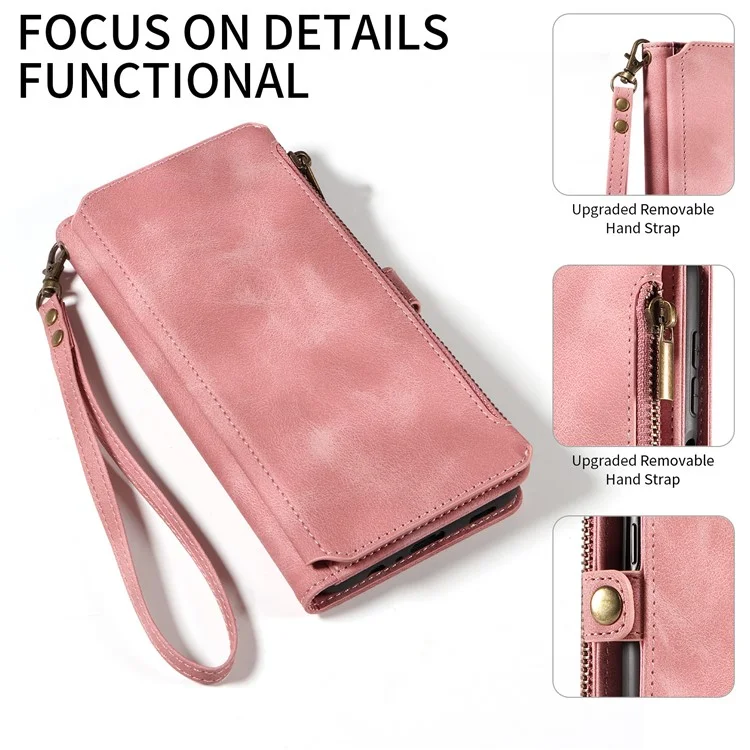 Per Samsung Galaxy A14 4G / 5G Zipper Pocket Viewing Stand Wallet Leather Case Phone Cover with Strap - Pink