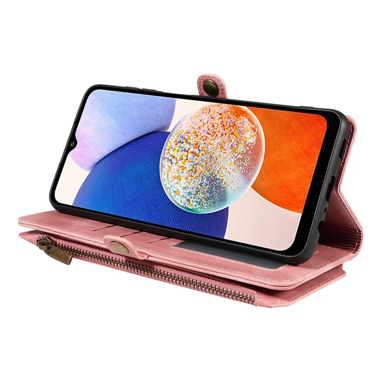Per Samsung Galaxy A14 4G / 5G Zipper Pocket Viewing Stand Wallet Leather Case Phone Cover with Strap - Pink