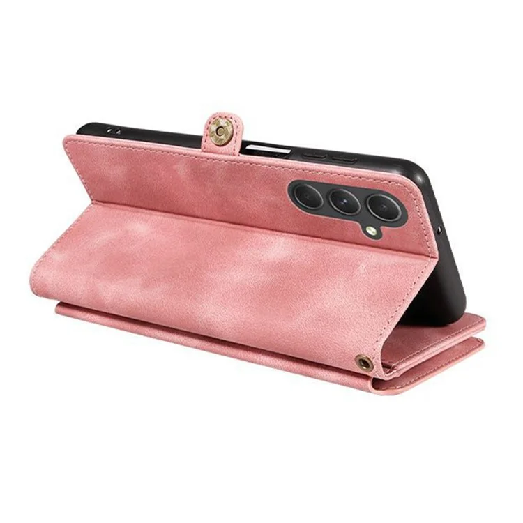Per Samsung Galaxy A14 4G / 5G Zipper Pocket Viewing Stand Wallet Leather Case Phone Cover with Strap - Pink