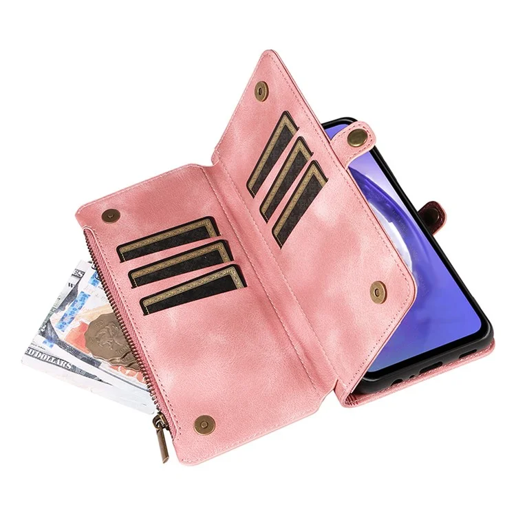 Per Samsung Galaxy A14 4G / 5G Zipper Pocket Viewing Stand Wallet Leather Case Phone Cover with Strap - Pink
