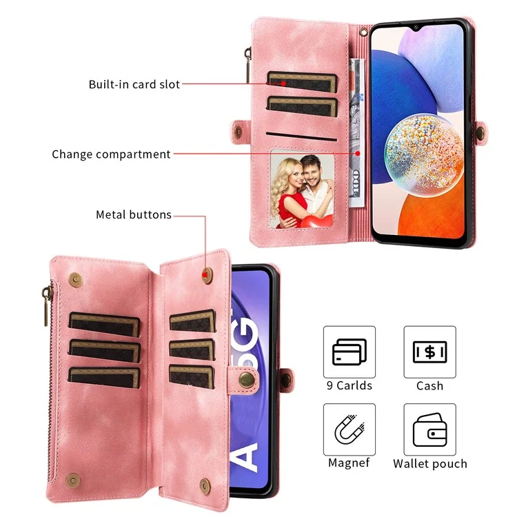 Per Samsung Galaxy A14 4G / 5G Zipper Pocket Viewing Stand Wallet Leather Case Phone Cover with Strap - Pink