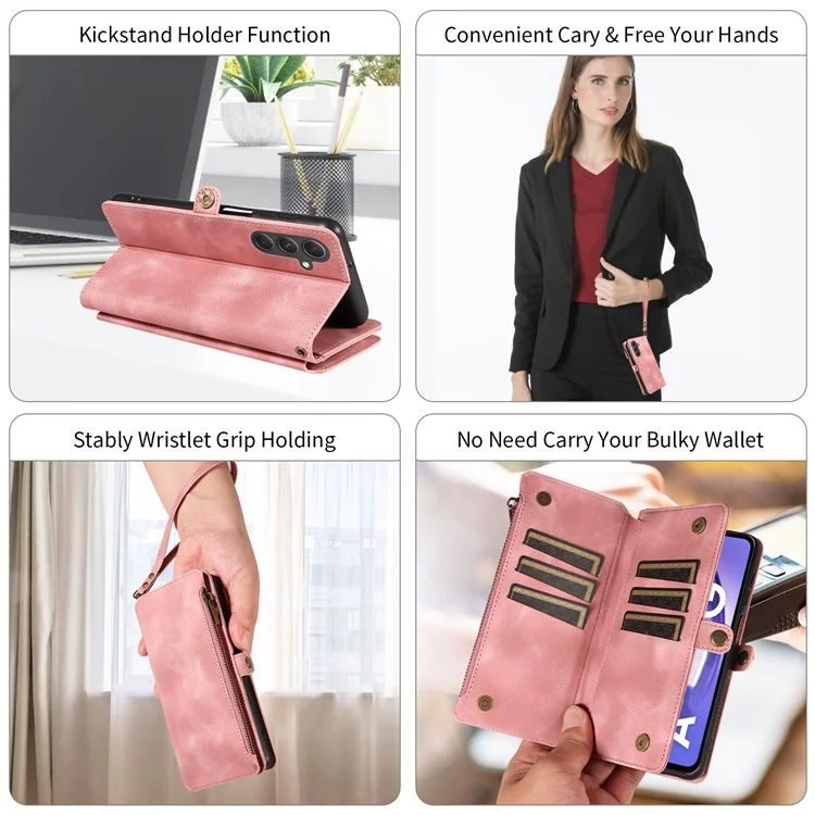 Per Samsung Galaxy A14 4G / 5G Zipper Pocket Viewing Stand Wallet Leather Case Phone Cover with Strap - Pink