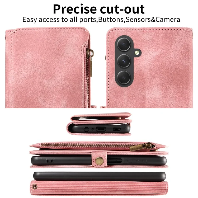 Per Samsung Galaxy A14 4G / 5G Zipper Pocket Viewing Stand Wallet Leather Case Phone Cover with Strap - Pink