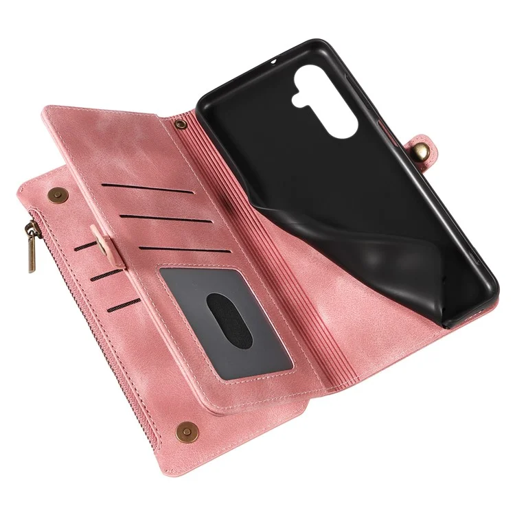 Per Samsung Galaxy A14 4G / 5G Zipper Pocket Viewing Stand Wallet Leather Case Phone Cover with Strap - Pink