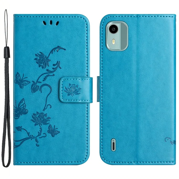 For Nokia C12 4G / C12 Pro / C12 Plus Scratch Proof PU Leather Butterfly Flower Imprinted Wallet Phone Case Stand Cover - Blue