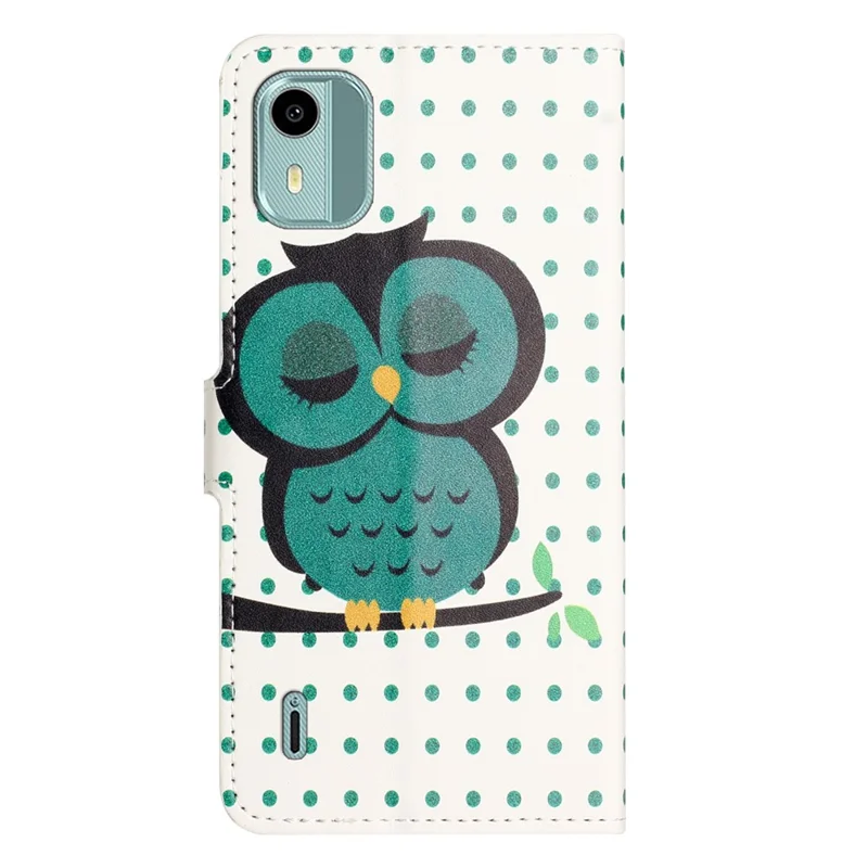 For Nokia C12 4G / C12 Pro / C12 Plus Pattern Printing Phone Leather Case Stand Wallet Cover - Dots  /  Owl