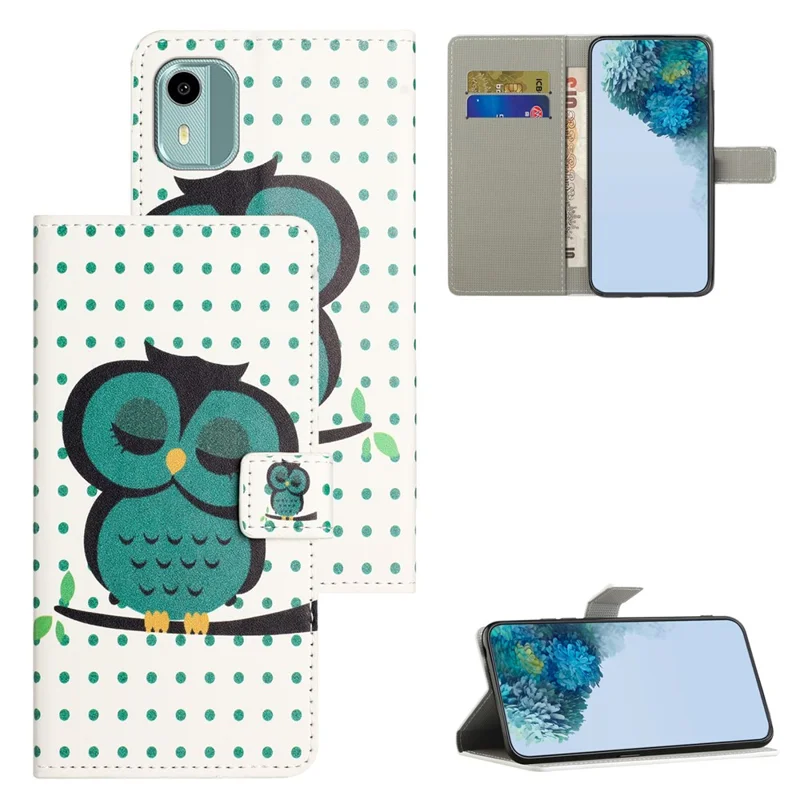 For Nokia C12 4G / C12 Pro / C12 Plus Pattern Printing Phone Leather Case Stand Wallet Cover - Dots  /  Owl