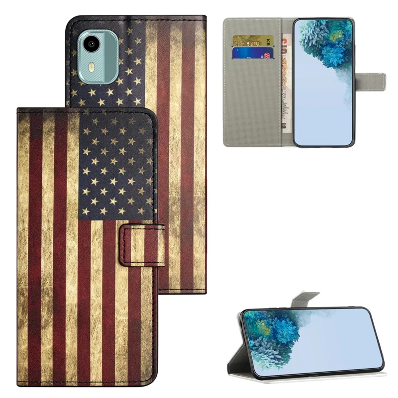 For Nokia C12 4G / C12 Pro / C12 Plus Pattern Printing Phone Leather Case Stand Wallet Cover - The American Flag