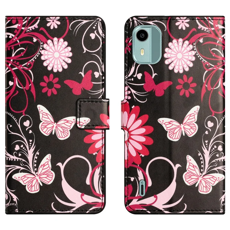 For Nokia C12 4G / C12 Pro / C12 Plus Pattern Printing Phone Leather Case Stand Wallet Cover - Black  /  Butterflies