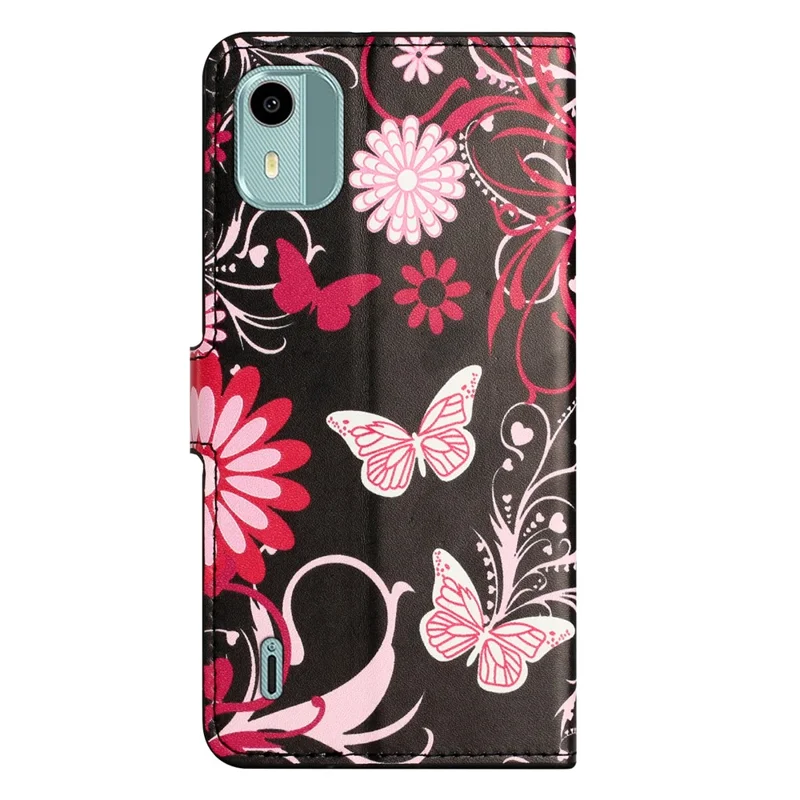 For Nokia C12 4G / C12 Pro / C12 Plus Pattern Printing Phone Leather Case Stand Wallet Cover - Black  /  Butterflies