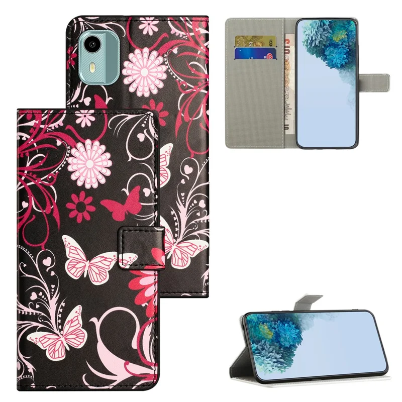 For Nokia C12 4G / C12 Pro / C12 Plus Pattern Printing Phone Leather Case Stand Wallet Cover - Black  /  Butterflies