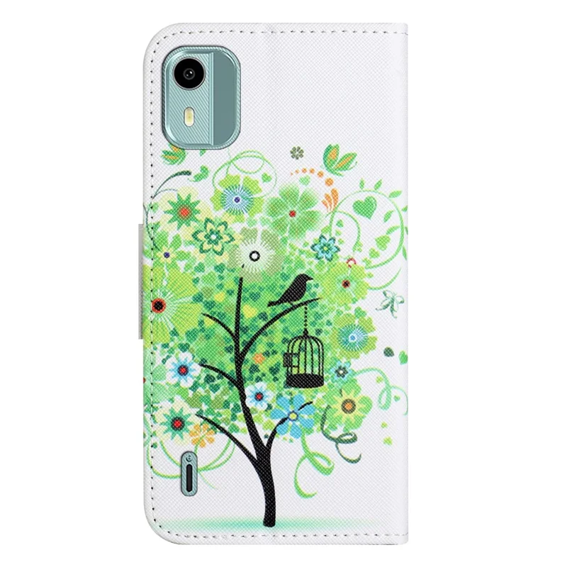 For Nokia C12 4G / C12 Pro / C12 Plus Leather Wallet Case Pattern Printing Cross Texture Phone Stand Cover - Green Tree