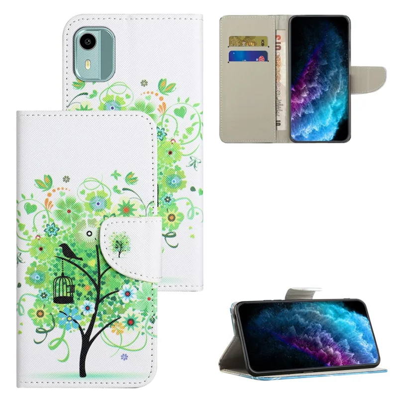 For Nokia C12 4G / C12 Pro / C12 Plus Leather Wallet Case Pattern Printing Cross Texture Phone Stand Cover - Green Tree