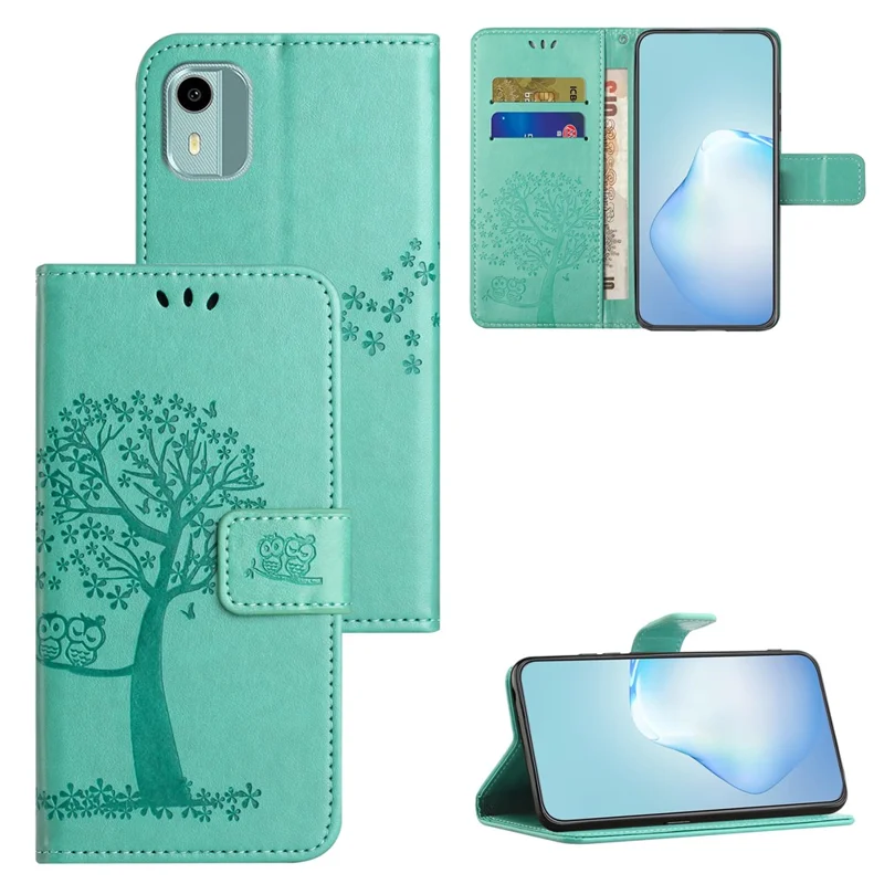 For Nokia C12 4G / C12 Pro / C12 Plus Imprinted Owl Tree Pattern Stand Wallet Case PU Leather Full Protection Phone Cover - Cyan