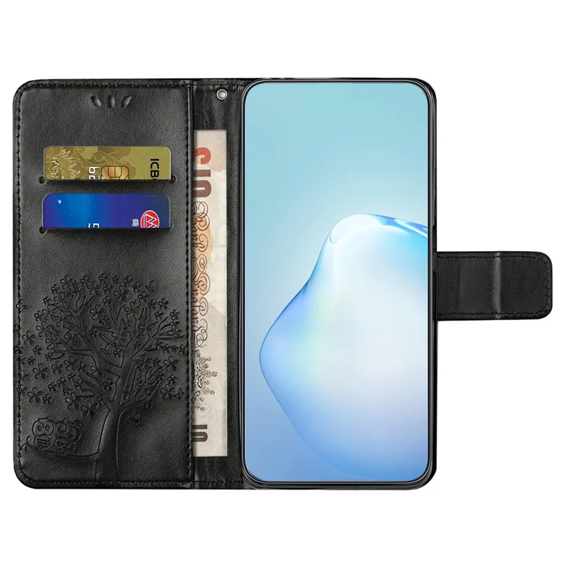 For Nokia C12 4G / C12 Pro / C12 Plus Imprinted Owl Tree Pattern Stand Wallet Case PU Leather Full Protection Phone Cover - Black