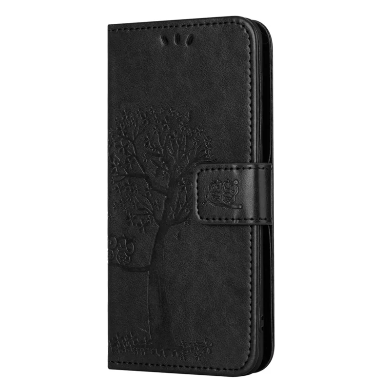 For Nokia C12 4G / C12 Pro / C12 Plus Imprinted Owl Tree Pattern Stand Wallet Case PU Leather Full Protection Phone Cover - Black