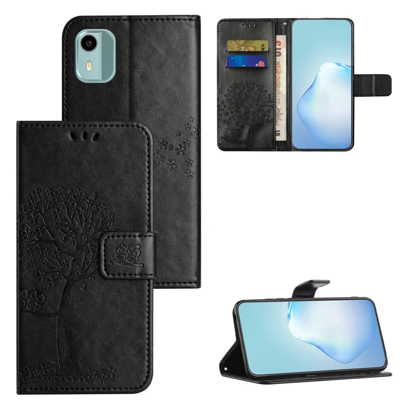 For Nokia C12 4G / C12 Pro / C12 Plus Imprinted Owl Tree Pattern Stand Wallet Case PU Leather Full Protection Phone Cover - Black