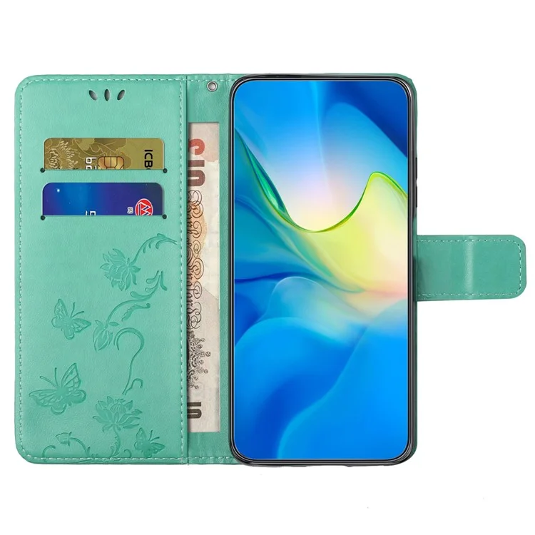 For Nokia C32 / C22 Dustproof Wallet Mobile Phone Case PU Leather Butterfly Flower Imprinted Stand Cover - Cyan