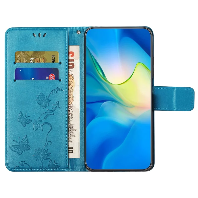 For Nokia C32 / C22 Dustproof Wallet Mobile Phone Case PU Leather Butterfly Flower Imprinted Stand Cover - Blue