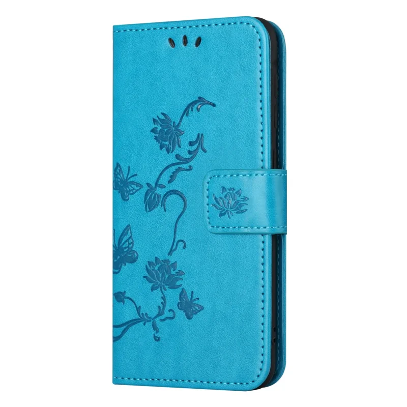 For Nokia C32 / C22 Dustproof Wallet Mobile Phone Case PU Leather Butterfly Flower Imprinted Stand Cover - Blue