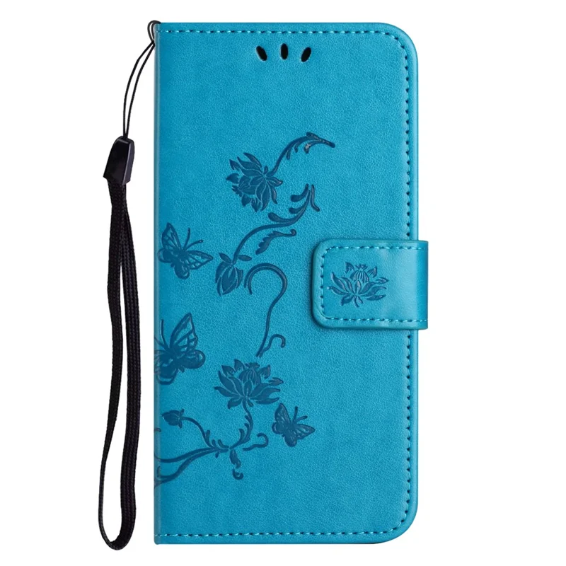 For Nokia C32 / C22 Dustproof Wallet Mobile Phone Case PU Leather Butterfly Flower Imprinted Stand Cover - Blue