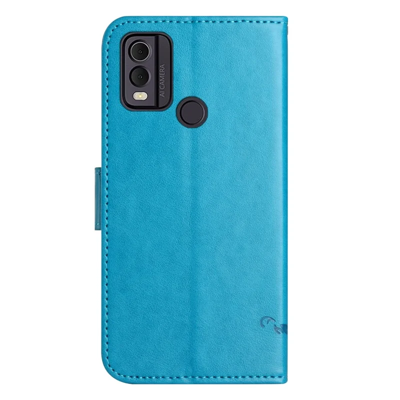 For Nokia C32 / C22 Dustproof Wallet Mobile Phone Case PU Leather Butterfly Flower Imprinted Stand Cover - Blue