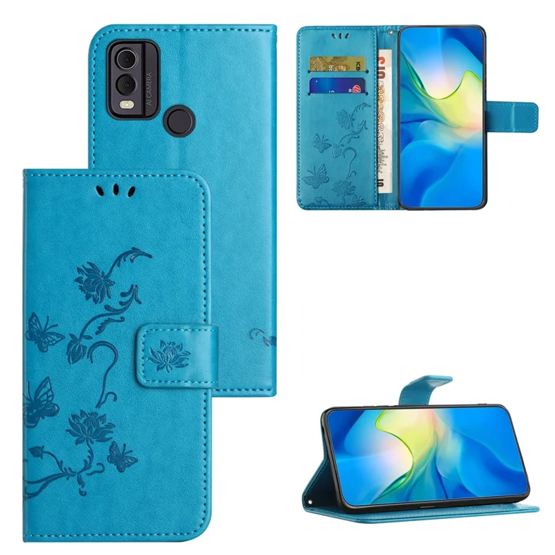 For Nokia C32 / C22 Dustproof Wallet Mobile Phone Case PU Leather Butterfly Flower Imprinted Stand Cover - Blue