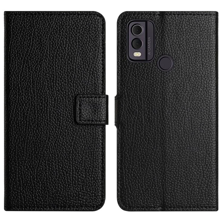 Para Nokia C22 / C32 Carteira Capa de Telefone Celular Textura de Litchi Couro PU Suporte de Telefone Capa - Preto