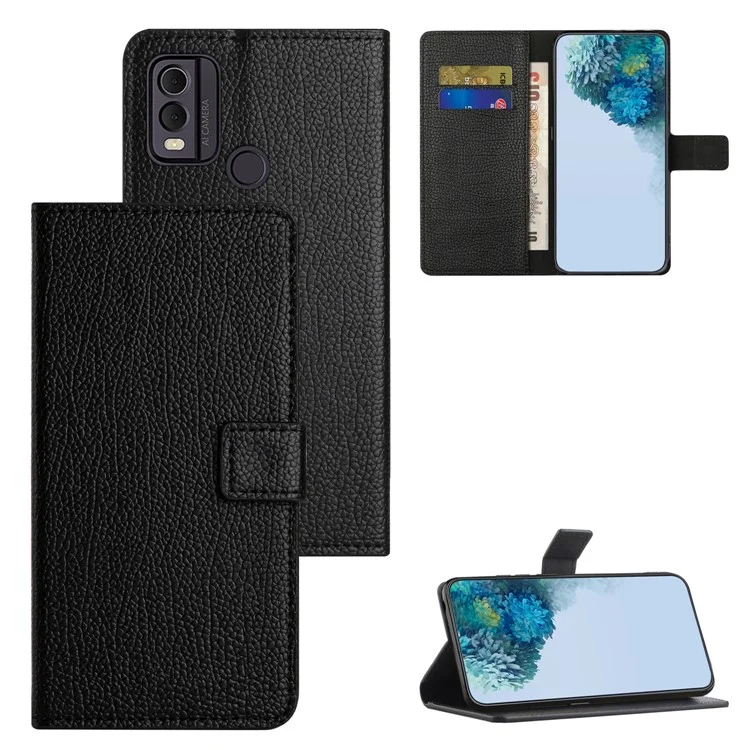 Para Nokia C22 / C32 Carteira Capa de Telefone Celular Textura de Litchi Couro PU Suporte de Telefone Capa - Preto