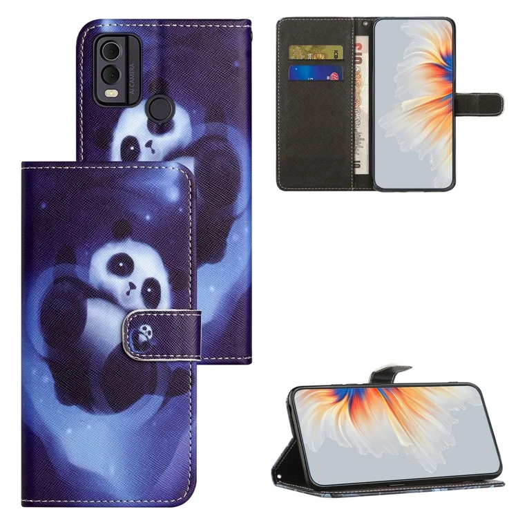 For Nokia C32 / C22 PU Leather Wallet Phone Case 3D Pattern Printing Phone Stand Cover - Panda