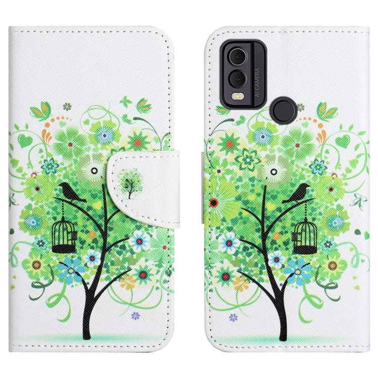Per Nokia C32 / C22 Cross Texture Phone Custodia in Pelle Portafoglio Stand Pattern Stampa Cover per Telefono - Albero Verde