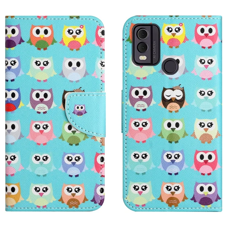 For Nokia C32 / C22 Cross Texture Phone Leather Case Wallet Stand Pattern Printing Phone Cover - Owls