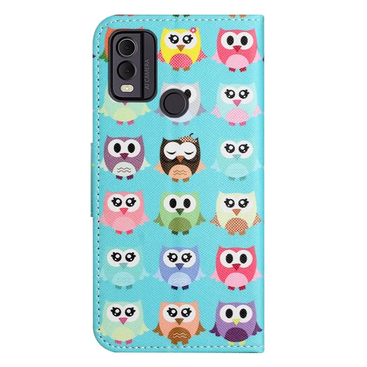 For Nokia C32 / C22 Cross Texture Phone Leather Case Wallet Stand Pattern Printing Phone Cover - Owls