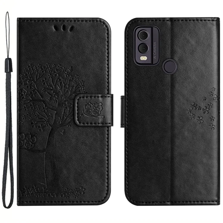 Per Nokia C32 / C22 con supporto per supporto Custodia portafoglio in pelle PU con motivo stampato a gufo e albero - Nero